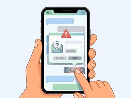 スマートフォンで不審なメッセージの警告をタップする指。