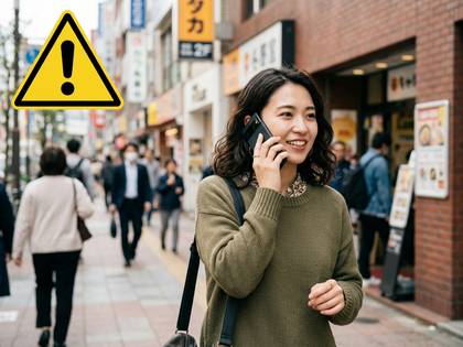 **ながらスマホをする女性と、注意を促す警告マーク。** (22文字)