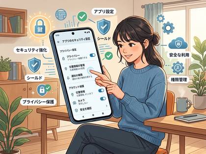アプリのセキュリティとプライバシー設定を操作する女性のイラスト。