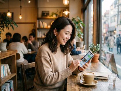 カフェの窓際で、笑顔の女性がスマートフォンを操作している。背景には他の客や街並みが見える。
