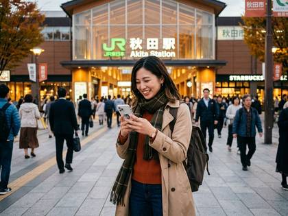 秋田駅前でスマホを見る笑顔の女性。
