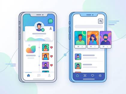 ソーシャルアプリのUIデザインが施された2つのスマホ。プロフィールやユーザー一覧が表示されています。