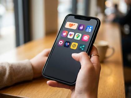 カフェでスマホを操作する手。画面にはマッチングやSNSアプリのアイコン。
