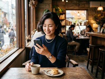 カフェの窓際で、笑顔でスマホを操作する女性。コーヒーとスコーン。