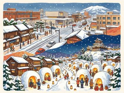 雪が降る日本の冬の街並みと、かまくら祭りで賑わう人々。