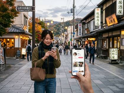 日本の商店街でスマホアプリを使う女性。