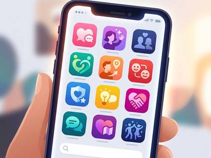 手が、カラフルなアプリのアイコンが並ぶスマホ画面を持っている。