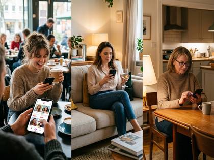 カフェや自宅でスマホを楽しむ3世代の女性たち。
