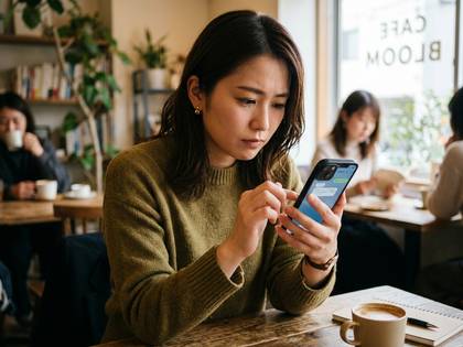 カフェでスマートフォンを操作する女性。