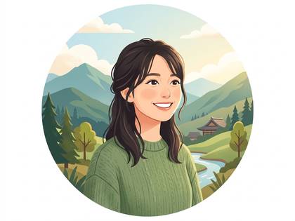 笑顔の女性と、山、川、家屋がある日本の里山のイラスト。