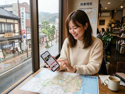 窓際で地図を広げ、スマートフォンを操作する笑顔の女性。