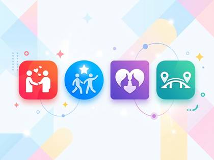 出会い、友情、恋愛、つながりを表す4つのアプリ風アイコン。
