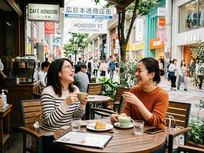 広島の本通のカフェで談笑する女性2人の様子