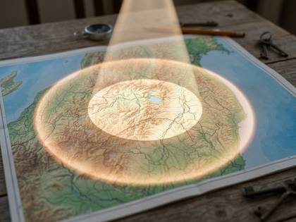 光が差し込む地形図。山と湖が照らされ、周囲にはコンパスと鍵。