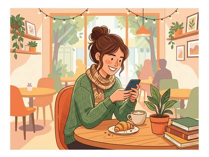 カフェでスマートフォンを操作し、笑顔を見せる女性のイラスト。