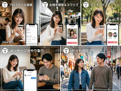 マッチングアプリの登録、検索、マッチング、メッセージ、デートの5ステップを男女で紹介。