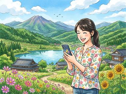 山と湖と古民家が広がる日本の田園風景でスマホを持つ笑顔の女性。