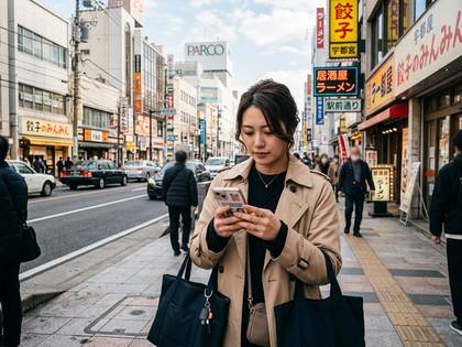 日本の街角でトレンチコートを着た女性がスマートフォンを操作している。