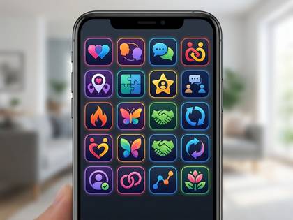 スマートフォン画面に、愛や協力などを象徴するカラフルなアイコンが並んでいます。