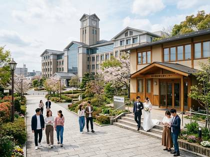 桜咲くキャンパスで談笑する学生や、ウェディング姿のカップル。