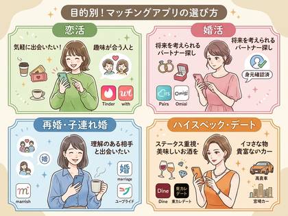目的別にマッチングアプリを選ぶ方法を解説したイラスト。恋活、婚活、再婚、ハイスペックデートの各カテゴリを紹介。