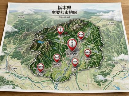 栃木県の主要都市を示した地図。
