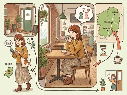 栃木を旅する女性がスマホで情報検索し、カフェで休憩する様子。