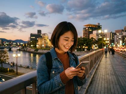 広島の夕暮れの街並みとスマートフォンを見て微笑む女性