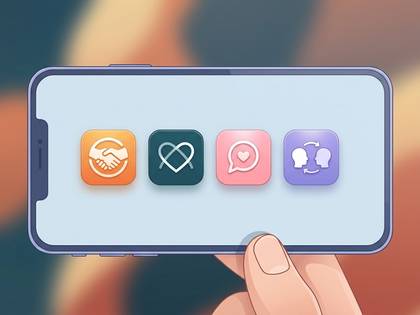 スマートフォンに並ぶ、握手やハートのアイコン。交流や出会いを表現。