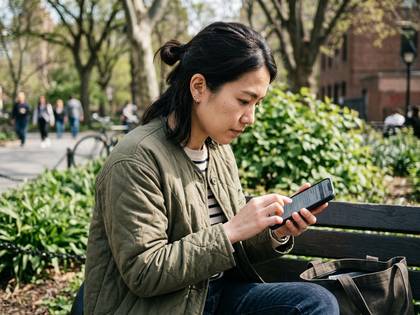 公園のベンチでスマートフォンを操作する女性。