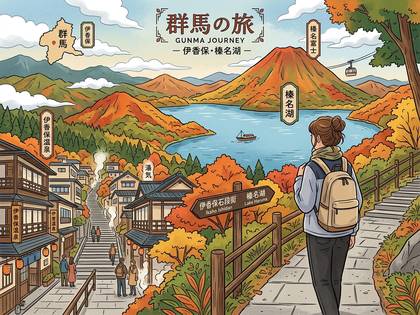 紅葉の群馬を旅するイラスト。榛名湖と伊香保温泉街の秋景色。
