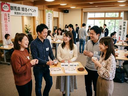群馬県の婚活イベントで、参加者が笑顔で談笑し、交流を楽しむ様子。