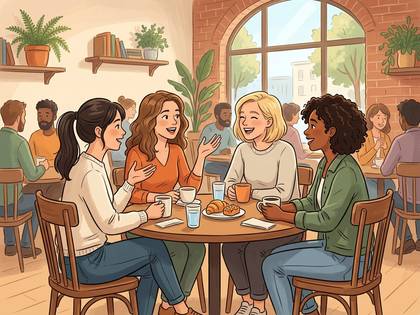 カフェで女性たちが笑顔で談笑する様子。