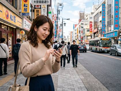 賑やかな日本の街角で、笑顔でスマートフォンを操作する若い女性。