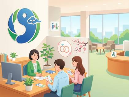 結婚サービスの相談をするカップルと担当者。
