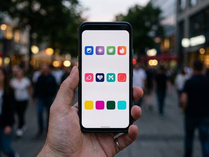 街中で出会い系アプリのアイコンを表示するスマホを持つ手。