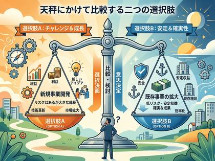 天秤で比較する二つの選択肢:新規事業(挑戦と成長)か既存事業(安定と確実性)か。