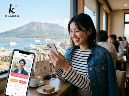 スマホでマッチングアプリを見ながら微笑む鹿児島の女性の写真