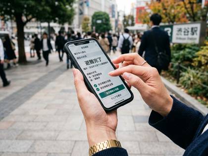 「避難完了」と表示されたスマホを操作する手。背景は渋谷の街。
