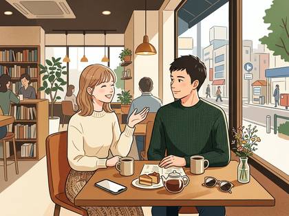 街並みが見えるカフェで、楽しそうに会話する男女のイラスト。