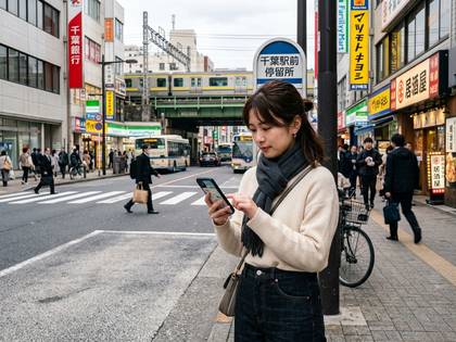駅前のバス停でスマホを操作する若い女性。背景には電車と行き交う人々。