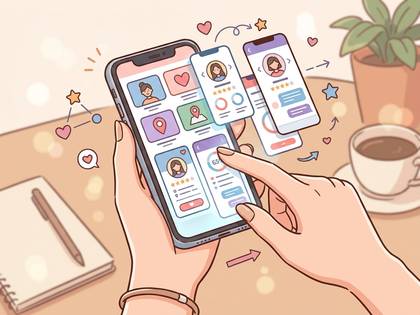 スマートフォンでSNSや出会い系アプリを操作する手のイラスト。