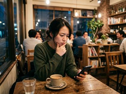 カフェでスマホを見つめ、顎に手を当てて考える女性。