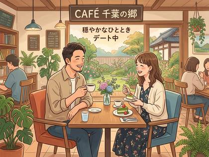 カフェでデート中のカップルがコーヒーとケーキを楽しむ笑顔のイラスト。