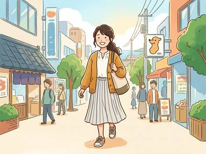 街を笑顔で歩く女性と、行き交う人々、店舗。