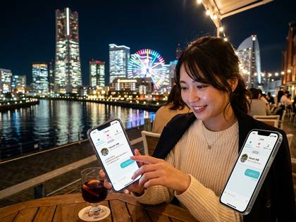 観覧車と夜景をバックに、笑顔でスマホ2台を操作する女性。