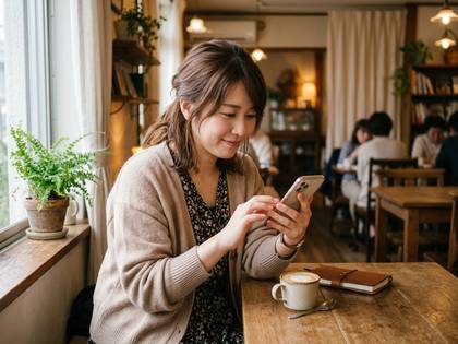 カフェで笑顔でスマートフォンを操作する女性。