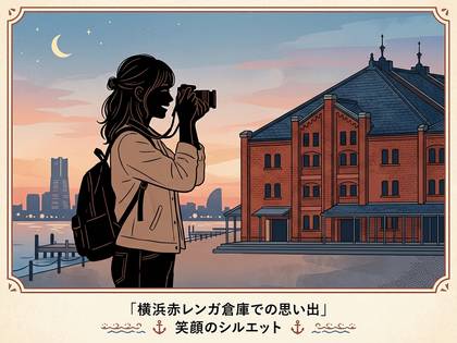 横浜赤レンガ倉庫で笑顔で撮影する女性のイラスト