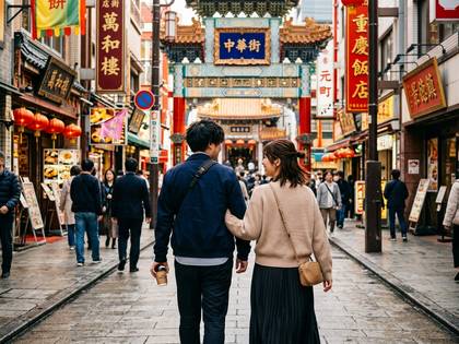 賑やかな中華街の通りを笑顔で散策する男女。