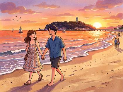 夕焼けの海辺を手をつなぎ笑顔で歩く若いカップル。